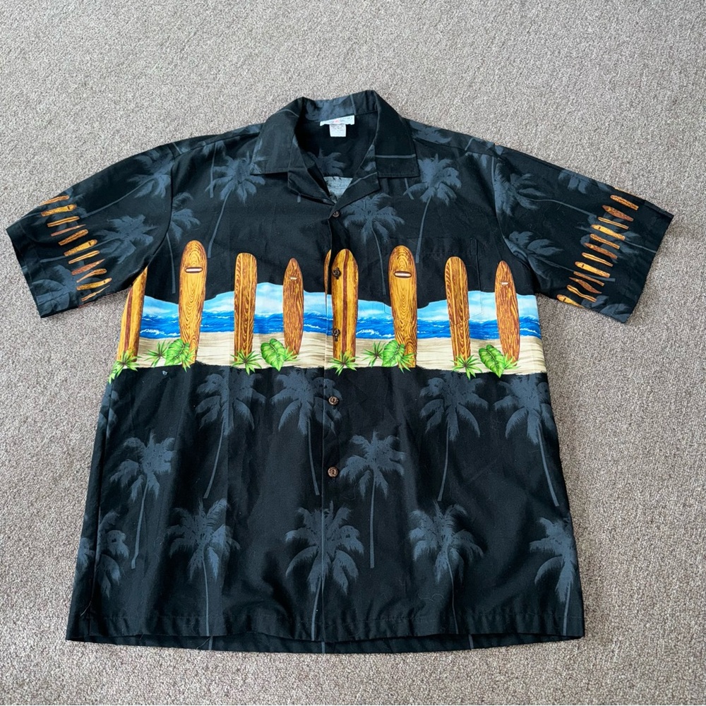 Pacific Legend Mens Sz L Longboard Chest Band Shirt Black Poplin Collar Coconut